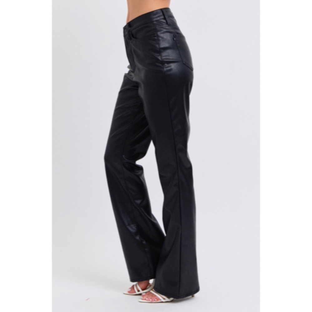 JUDY BLUE New Black High Waist Tummy Control Faux Leather Bootcut Pants - Picture 3 of 5